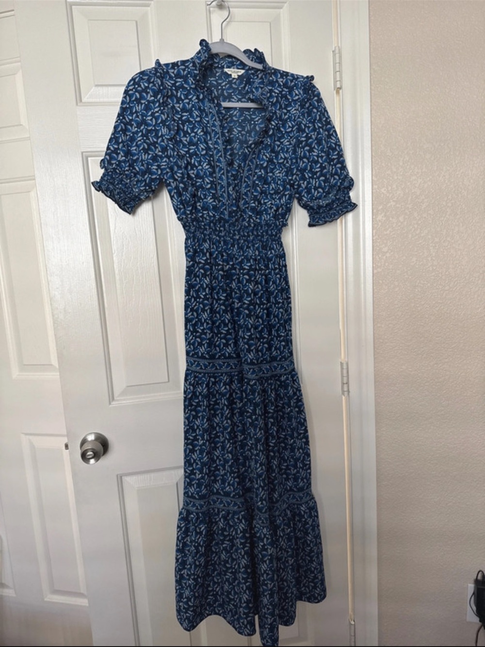 Max Studio Navy Blue Floral Maxi Dress with Smocked Waist